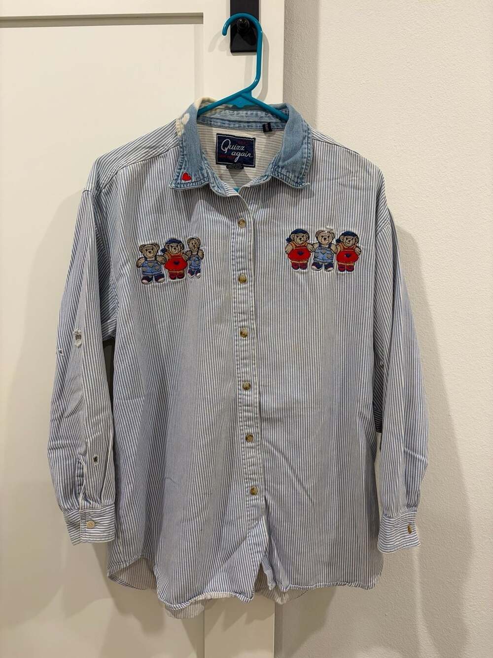 Vintage Quizz Again New York Pinstripe Denim Collar Embroidered Teddy Bear Butto
